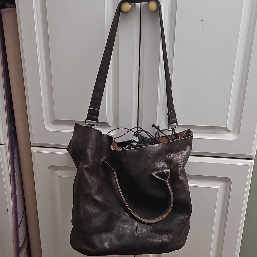 ⚜️Boho Brown Leather Tote Bag With Removable Denim Lining. Distressed Look!
